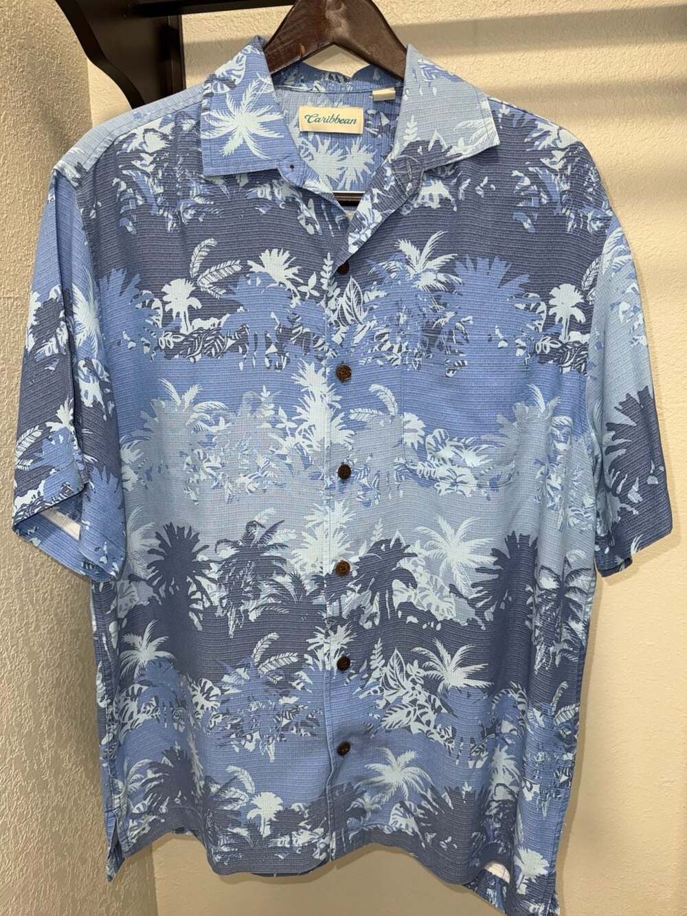 Caribbean Blue Tropical Palm Tree Print Short Sleeve Camp Shirt